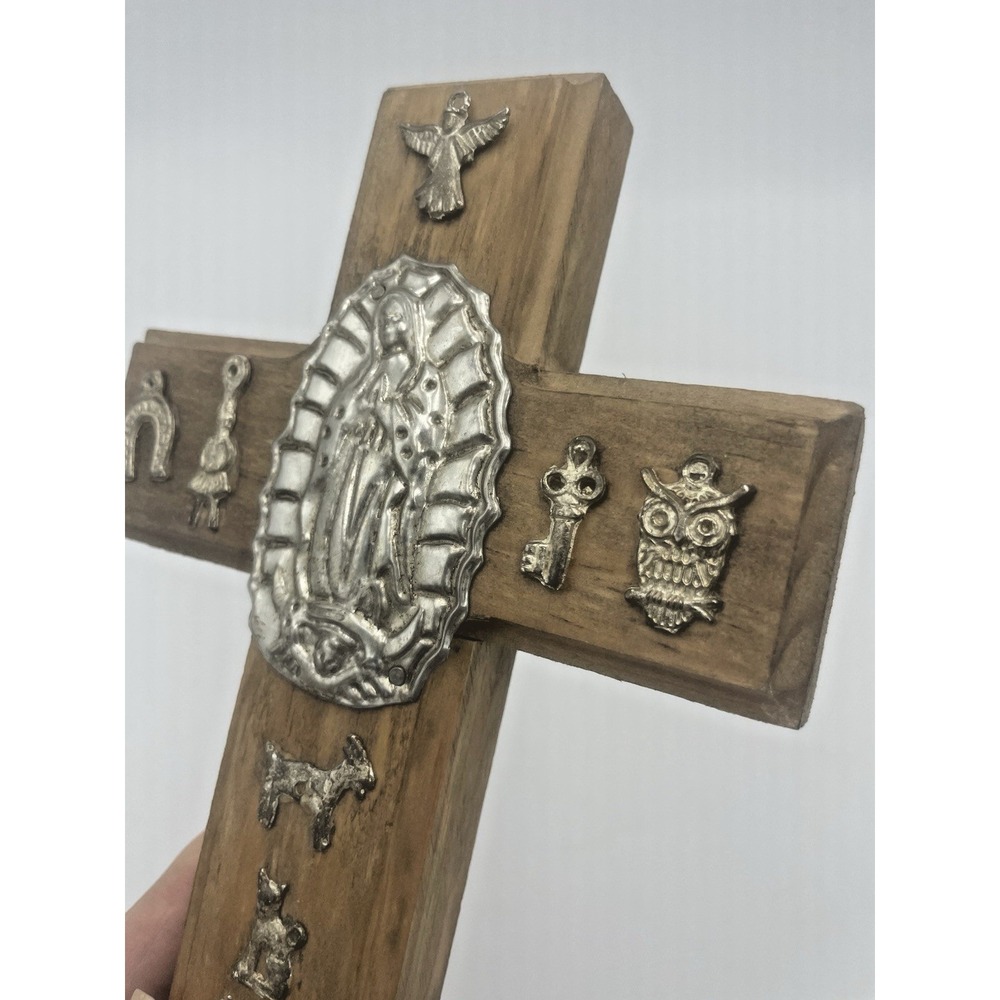 Mexican Folk Art Cross Oremus Mercy Wood Milagros Virgin Mary Religious Crucifix - Picture 5 of 8